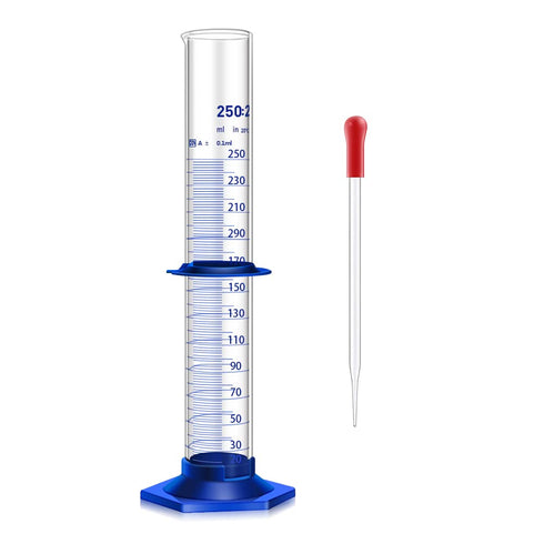Thick Glass Graduated Cylinder Measuring Liquid Lab Cylinders with Anti-Falling Plastic Base and Bumper Guards and Glass Dropper (Glass, 250ML)...