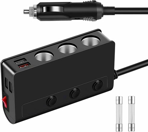 Amiss 3-Socket Car Power DC Outlet with 4USB Cigarette Lighter Adapter, 180w 12v/24v, Quick Charge 3.0 Car Charger with LED Voltage Display, Upgra...