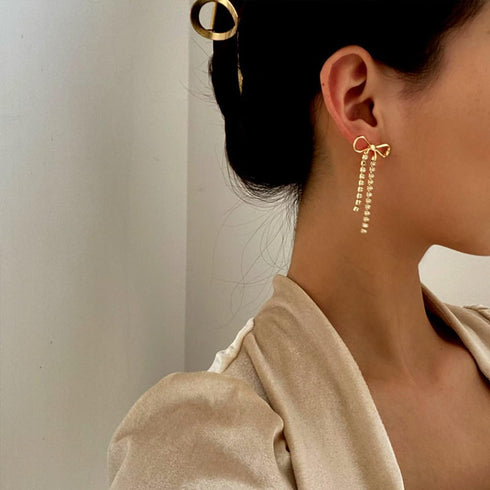 12 Pairs Crystal Rhinestone Pearl Kate Spade bow stud earrings for women Statement Ribbon Fringe Waterfall Dangling Long Chain Bow Dangle Drop Tas...
