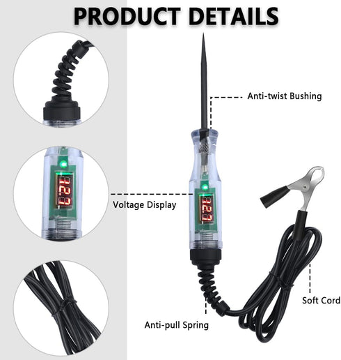 Car Voltage Tester Pen with Alligator Clip,DC 3-48V Test Light Pen Digital LED Circuit Tester with Prolong Spring Cable,Universal Car Fuse Tester ...