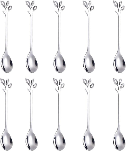 AnSaw Elegant Silver Leaf Coffee Spoons - 10-Piece, 4.7" Mini Stainless Steel Espresso & Dessert Tea Spoons, Perfect for Demitasse & Small Serving...