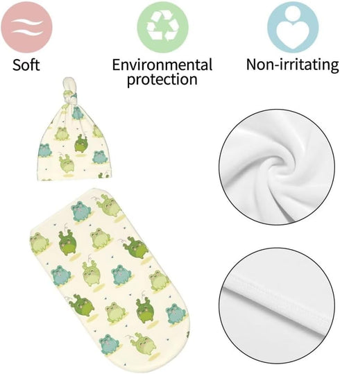 Cartoon Frog Newborn Swaddling Blanket Beanie Hat Sets Soft Baby Receiving Funny Animal Blanket Soft Sleeping Bag New Born Soft Sleep Sacks for Bo...