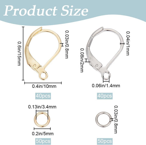 1 Box 80Pcs Gold Leverback Earring Hooks Stainless Steel Earring Findings Bulk Silver with 100Pcs Jump Rings French Real 24K Gold Plated Huggie Ea...