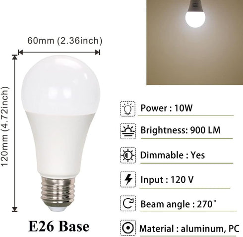A19 LED Light Bulbs 75 Watt Equivalent Dimmable LED Bulb Bright White 6000K 10W 900 Lumens E26 Base (Daylight White, 3-Pack)...