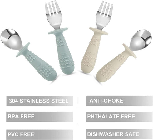PandaEar 4 Set Baby Toddler Silicone Stainless Steel Utensils Silverware Spoon Fork for Baby Toddler BPA Free with Silicone Holding Anti-Choke Des...