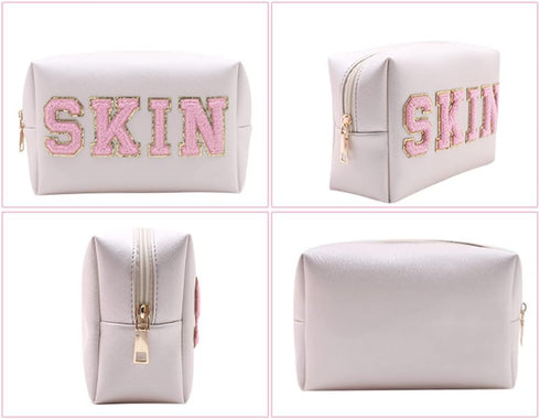 Preppy Patch Makeup Bag, Cosmetic Toiletry Bag for Women, Skin Chenille Letter Skincare Bag, PU Leather Portable Makeup Pouch, Waterproof Daily Us...