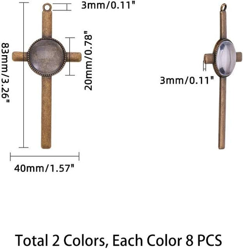 PH PandaHall 16pcs Cross Pendant Trays Photo Charms Bezel Settings and 16pcs Glass Cabochon Dome Tiles Clear Cameo Memorial Photo Pendant for Bouq...