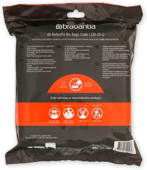 Brabantia PerfectFit Trash Bags (Size J/5.3-6.6 Gal) Thick Plastic Trash Can Liners with Drawstring Handles (40 Bags)...