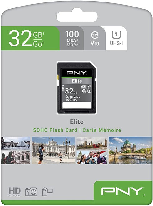 PNY 32GB Elite Class 10 U1 V10 SDHC Flash Memory Card - 100MB/s, Class 10, U1, V10, Full HD, UHS-I, Full Size SD...
