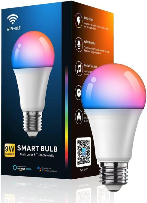 Smart Light Bulbs, 9W A19 E26 800LM WiFi Bluetooth LED Bulbs Compatible with Alexa, Google Assistant & Home, 16 Million Colors Music Sync Color Ch...