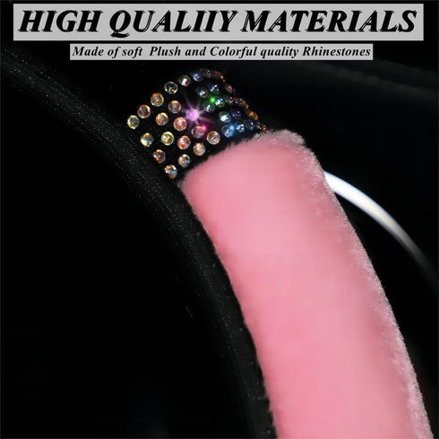 Steering Wheel Cover Universal Standard Size 14.5-15 inch, Soft Fluffy Steering Wheel Cover with Sparkly Crystal Rhinestones for Women Girls (Pink...