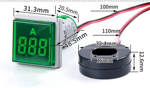 Digital Display AC Current Indicator, 22mm Square Head LED Current Tester 0~100A Ammeter Monitor (Red)...