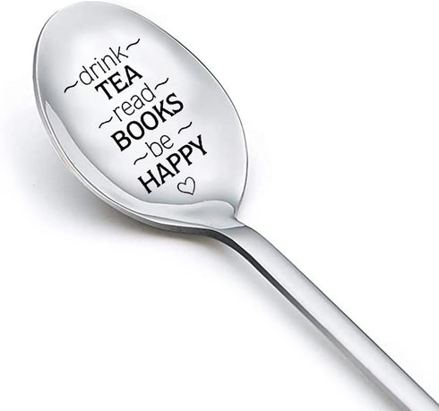 Tea Book Lovers Gifts Spoon for Women Men Drink Tea Read Books Be Happy Spoons for Tea Lover Book Reader Friendship Gifts for Girls Boys Graduatio...