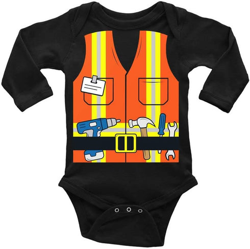 Construction Worker Vest with Tools Wall Art Print Baby Romper Long Sleeve Newborn Crawl Clothes C-Black...