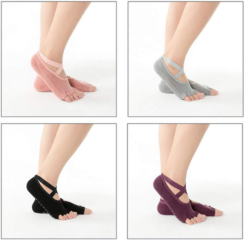 Pengxiaomei 4 Pairs Non Slip Pilates Socks,Yoga Socks for Women, Women's Yoga Socks with Toes, Clasped Pilates Socks for Ballet Pilates Barre Danc...