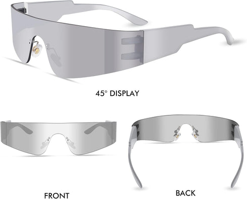 Futuristic Wrap Around Sunglasses Y2K Silver Trendy Rimless Glasses Cyberpunk Eyewear for Women Men Rave Party...