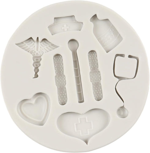 Nurse Theme Fondant Mold Nurse Hat Stethoscope Pill Bottle Bandage Thermometer Medical Silicone Molds for Cake Decoration Cupcake Topper Candy Cho...