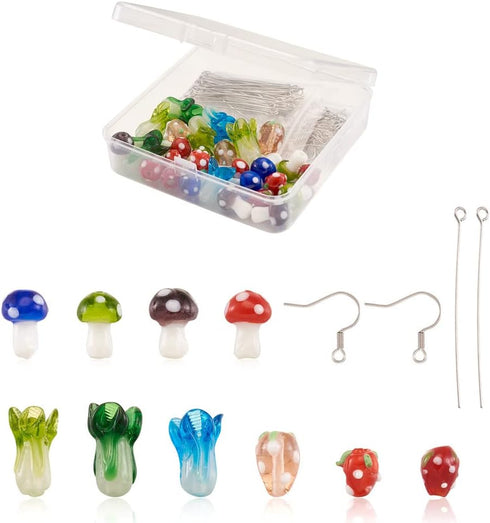 Beadthoven 20 Pairs DIY Lampwork Beads Earrings Making Starter Kit Cute Mushroom Strawberry Fruits Vegetable Lampwork Glass Beads with Stainless S...