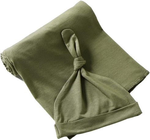 iEvolve Cotton Knitted Baby Swaddle Blanket with Hat Headband Set Newborn Swaddle Wrap Receiving Blankets for Baby Girl Boy 45" x 45"(OliverGreen)...