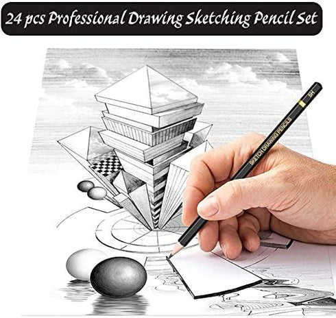 Sketching Pencil Set - 24 Pieces Drawing Sketch Pencil HB,B,2B,3B,4B,5B,6B,7B,8B,10B,12B,14B,H,2H,3H,4H,5H,6H,7H, Includes Charcoal, Eraser, Graph...