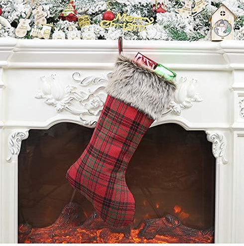 Christmas Stockings 2022, 18 Inches Burlap with Large Plaid Snowflake and Plush Faux Fur Cuff Stockings, for Home Decor (2 Pcs Plaid Snowflake)...