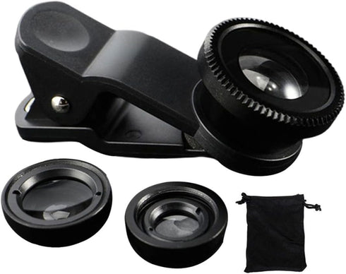 1Pc Black Fisheye Lens iPhone 3 in 1 Wide Angle Fish Eye Macro Lenses Clip-on Universal Lens Phone Lens Kit for Photo and Video Accessories with M...