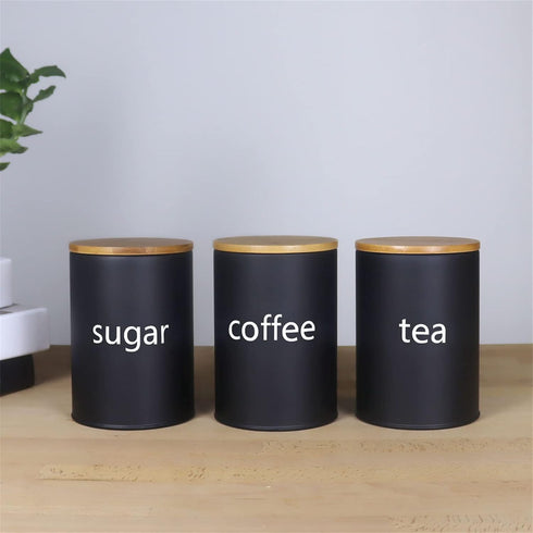 SOTECH Metal Food Storage Jar Farmhouse Coffee Canisters with Bamboo Lids,Black Kitchen Canisters Set of 3 Decorative Canisters for Kitchen Counte...