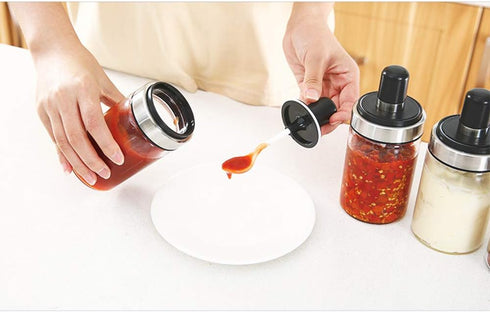 TENTA KITCHEN 3 High Borosilicate Glass Spice Jars Seasonning Box Jar Condiment Jar, Combination Spoon and Lid Design, Premium Commercial Grade, E...