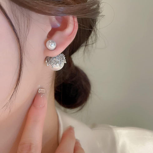 Silver Post Double Sided Pearl Rhinestone Ear Stud Earrings Crystal Twisted Stud Earrings Double Sided Ball Earrings for Women Fashion Jewelry Gif...