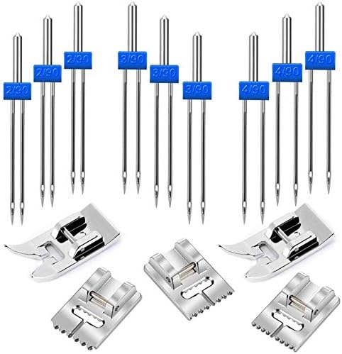 9 Pcs Double Needle Twin Needles for Sewing Machine with 3 Pcs Groove Pintuck & 2 Pcs Universal General Purpose Zig Zag Presser Foot (Needles Size...