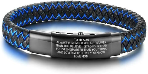 MEALGUET to My Son Inspirational Bracelet Gift from Mom Dad Always Remember You are Braver 2-Tone Braided Leather Bracelet for Teen Boy from Mothe...