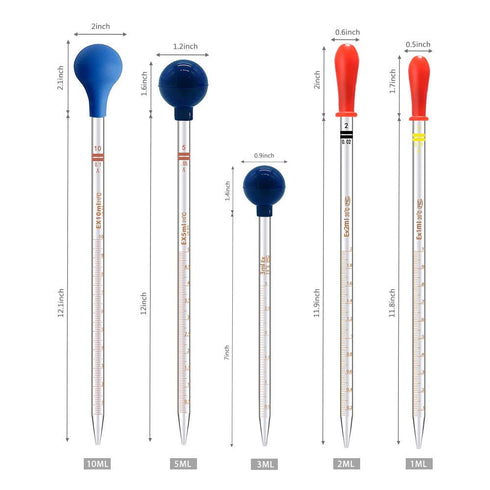 5PCS Thick Glass Graduated Dropper Pipettes Fluid and Liquid Pipettors 1ml 2ml 5ml 10ml 2PCS for Each with Caps and 2PCS Washing Brushes (33cm-13i...