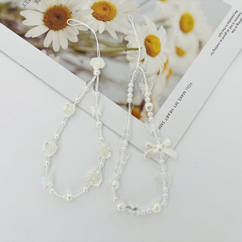 White Mobile Phone Lanyard Universal Phone Chain Black Bow White Pearl Beaded Phone Lanyard Wrist Strap Anti Lost Phone Charm Strap Fashion Phone ...