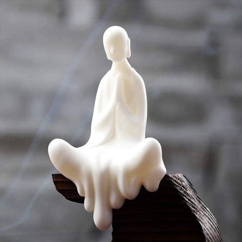Kingzhuo White Ceramic Cute Sitting Buddha Statue Beautiful Sculpture Praying Hands Meditation Monk Figurine Peaceful Little Statue Home Decor Orn...