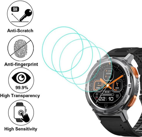 Tempered Glass Screen Protector Compatible with KOSPET TANK T2, AMAZTIM T2 1.43” Man’s Rugged Round Smart Watch, 4pcs, 9H...