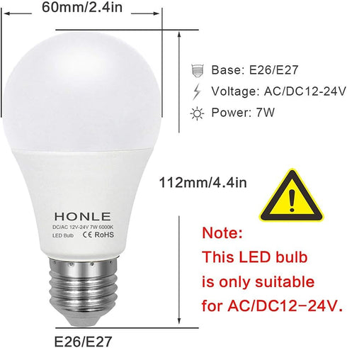 Honle E26 E27 LED Light Bulbs 12V 24V Low Voltage 7W A19 Daylight White 6000k Standard Edison Base 60w Equivalent, Pack of 2...
