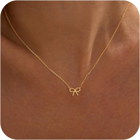 Bow Necklace for Women, Dainty 14K Gold/Silver Plated Bowknot Choker Necklace for Women Beads Chain Cute Pendant Necklaces Fashion Jewelry Gifts...