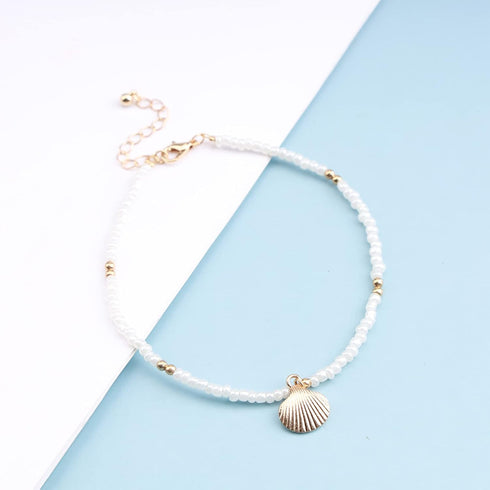 Boho Hippie Ankle Bracelets Scallop Pendant Ankle Bracelet Gold handmade Anklet Bracelet Vintage Seashell Chain Anklet White Rice Bead Anklet Foot...