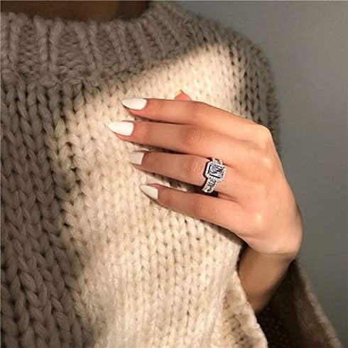 925 Sterling Silver Princess Cut Cubic Zirconia Ring Engagement Wedding Ring Emerald Cut Cubic Zirconia Simulated Diamond Wedding Engagement Ring...