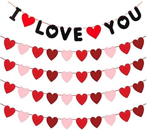5 Pack Felt Heart Garland Banner, Love You Banner, Valentines Day Banner Decor - Valentines Decorations - Anniversary, Wedding, Birthday Party Dec...