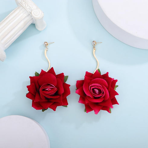 Denifery Boho Red Rose Earrings Rose Flower Dangle Drop Stud Earrings with Sparkly Crystal for Women Statement Jewelry Gifts...