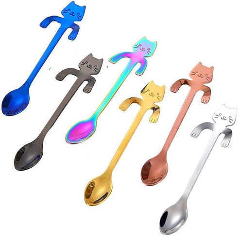 Cat Spoon Coffee Tea Spoon Set, ESRISE Stainless Steel Hanging Cup Teaspoons Demitasse Mini Long Cute Kitten Stirring Spoon for Dessert Drink Mixi...