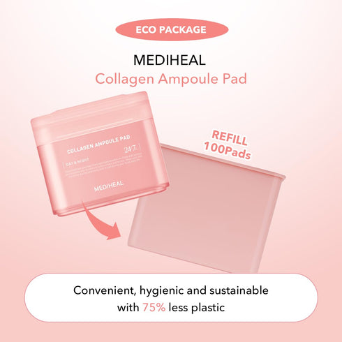 (Only Refill) Mediheal Collagen Ampoule Pad (100 Pads) - Cotton Facial Toner Pads for Skin Firming & Restore Elasticity - Vegan Eco Silk Pad...