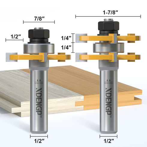 Professional 2 PCS Tongue and Groove Router Bit Set 1/2 Inch Shank, 3 Teeth T Shape Wood Milling Cutter Woodworking Tools, Matched Oak Hardwood Fl...