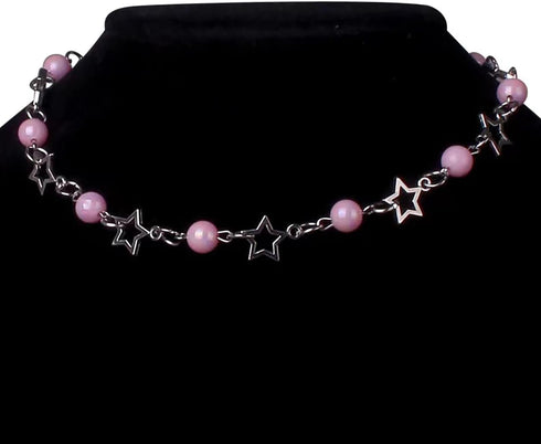 Pearl Necklace for Women Silver Star Choker Necklace Dainty Hollow Star Necklace Handmade Adjustable White Pearl Necklace Y2K Jewelry Gifts for Wo...