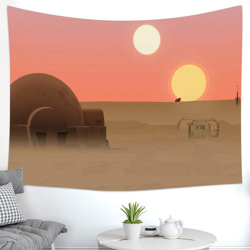 F-FUN SOUL Twin Suns Planet Wars Tapestry, 80x60inchs Soft Flannel, Desert Globe Tatooine Wall Hanging Tapestries for Living Room Bedroom Home Dec...
