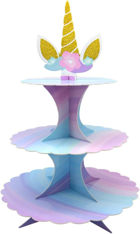 3 Tier Unicorn Cupcake Stand Unicorn Birthday Decorations Pink Purple Cardboard Cake Stand for Birthday Baby Shower Party Decorations...
