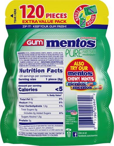 Mentos Pure Fresh Sugar-Free Chewing Gum with Xylitol, Spearmint, 120 Piece Bulk Resealable Bag (Pack of 1)...