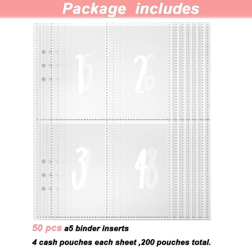 50 Sheets 100 Envelopes Money Saving Challenge for A5 6 Ring Binder Inserts Replacement, Savings Binder Accessories, Plastic Clear Binder Sleeves,...