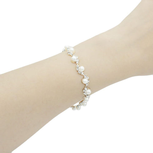 JSEA Womens 4mm Faux Pearl Wave Link Bracelet Silver Tone Rhinestone Bracelets Ladies...